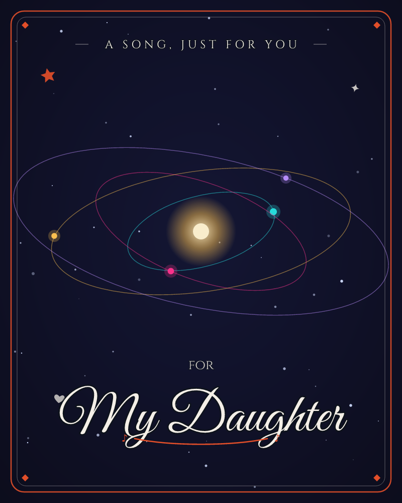 A glowing golden star sits at the center of a deep midnight sky, surrounded by four elliptical orbits traced in violet, gold, pink and teal, each…, a just because e-card design by @DittyCityTeam