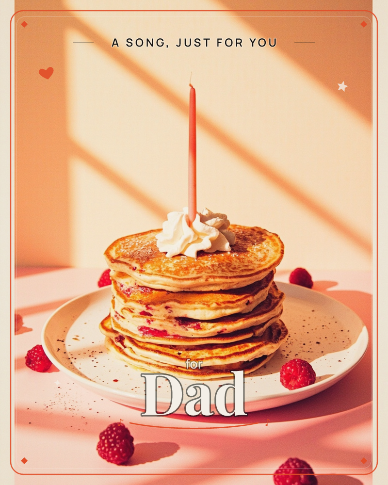 A tall stack of golden pancakes sits on a white plate, topped with a swirl of whipped cream and a single pink birthday candle, a just because e-card design