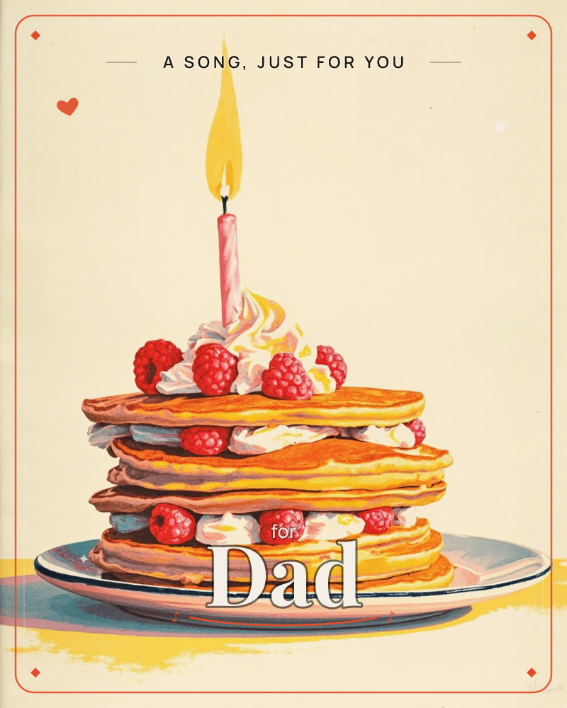 A tall stack of golden pancakes layered with swirls of whipped cream and fresh raspberries sits on a plate, topped with a single lit pink birthday candle, a just because e-card design
