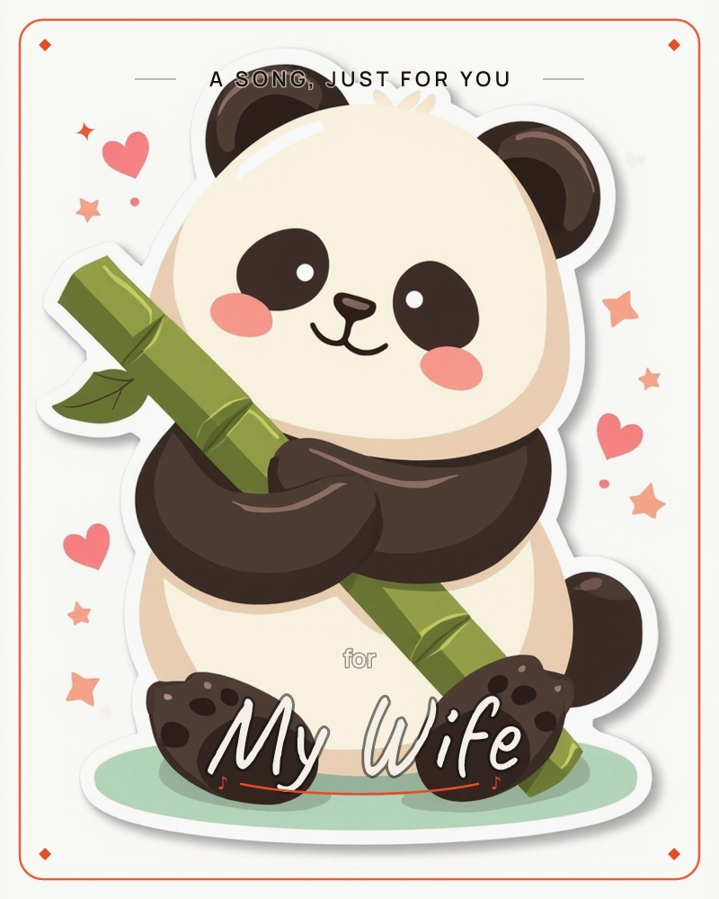 A round, rosy-cheeked panda sits hugging a stalk of green bamboo, drawn as a bold sticker-style character with a thick white outline, a just because e-card design