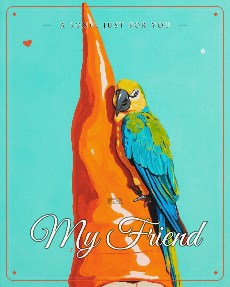 A blue-and-gold macaw perches on a bright orange tree trunk, its head tilted and beak resting against the bark, a just because e-card design