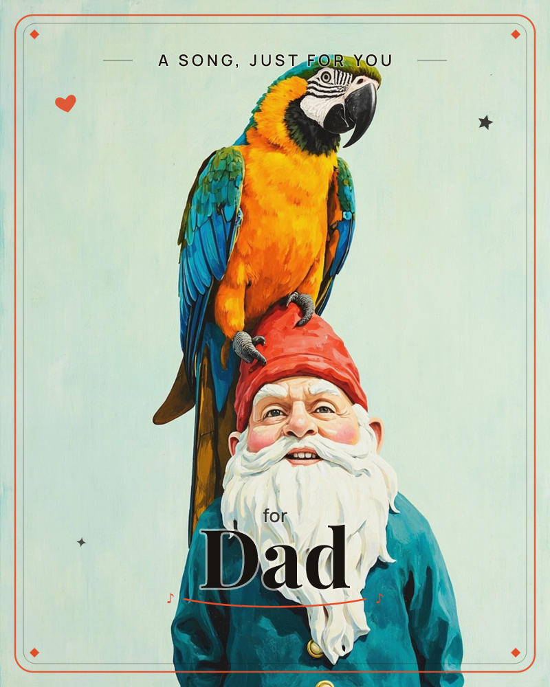 A garden gnome with a long white beard, red hat, and teal jacket grins upward while a blue-and-gold macaw perches perfectly balanced on top of his hat, a just because e-card design