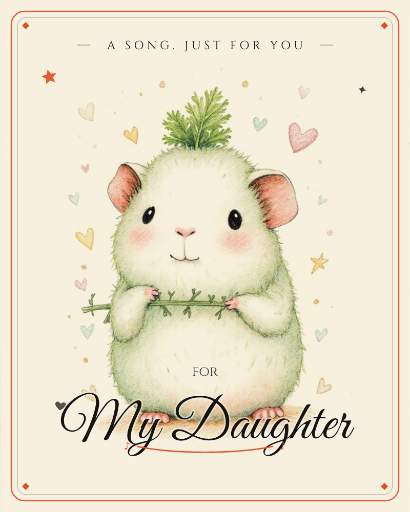 A round, fluffy guinea pig stands on a soft cream background, nibbling a sprig of parsley with a leafy sprout perched jauntily on its head, a just because e-card design