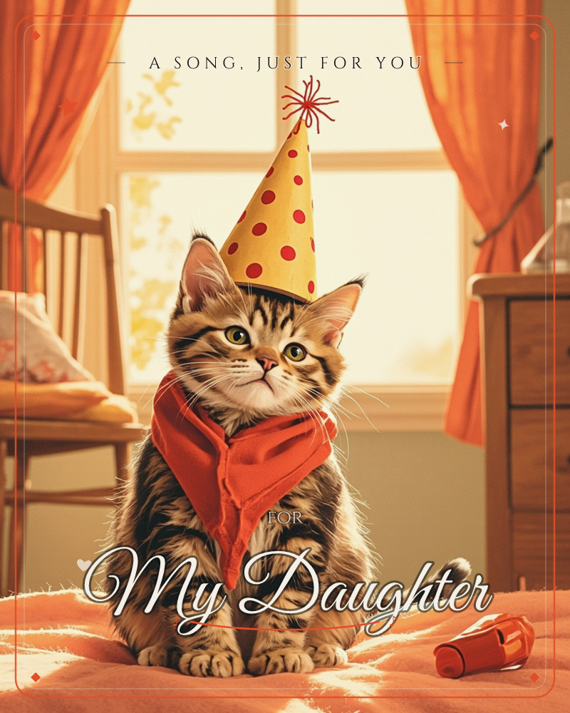 A tabby kitten sits upright on a soft blanket, wearing a yellow polka-dot party hat and a red bandana knotted at its neck, gazing upward with wide eyes, a just because e-card design