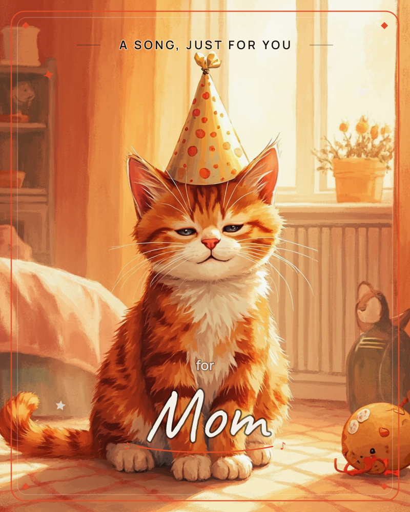 An orange tabby kitten sits primly in a sunlit bedroom, wearing a cream party hat dotted with orange spots, a just because e-card design