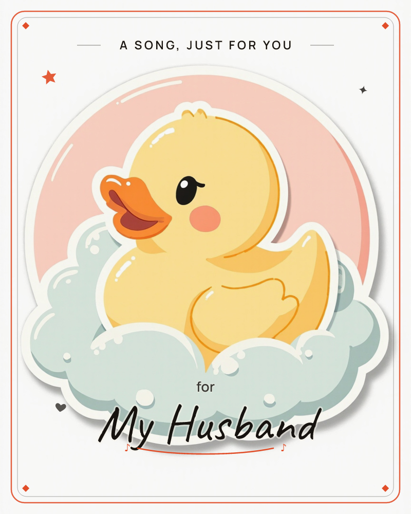 A cheerful yellow rubber duck with a blushing cheek sits nestled in a fluffy mound of pale blue bubbles, set against a soft pink circular backdrop, a just because e-card design