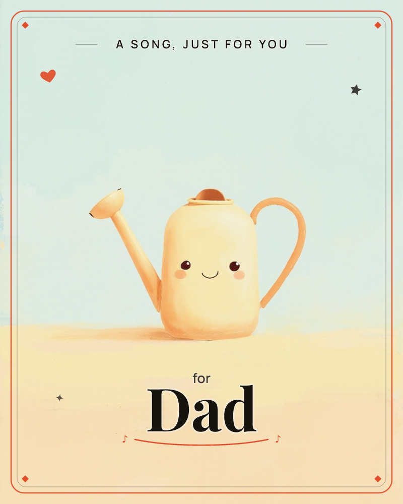 A cream-coloured watering can sits alone on a soft sandy surface, given a smiling face with rosy cheeks and a friendly grin, a just because e-card design