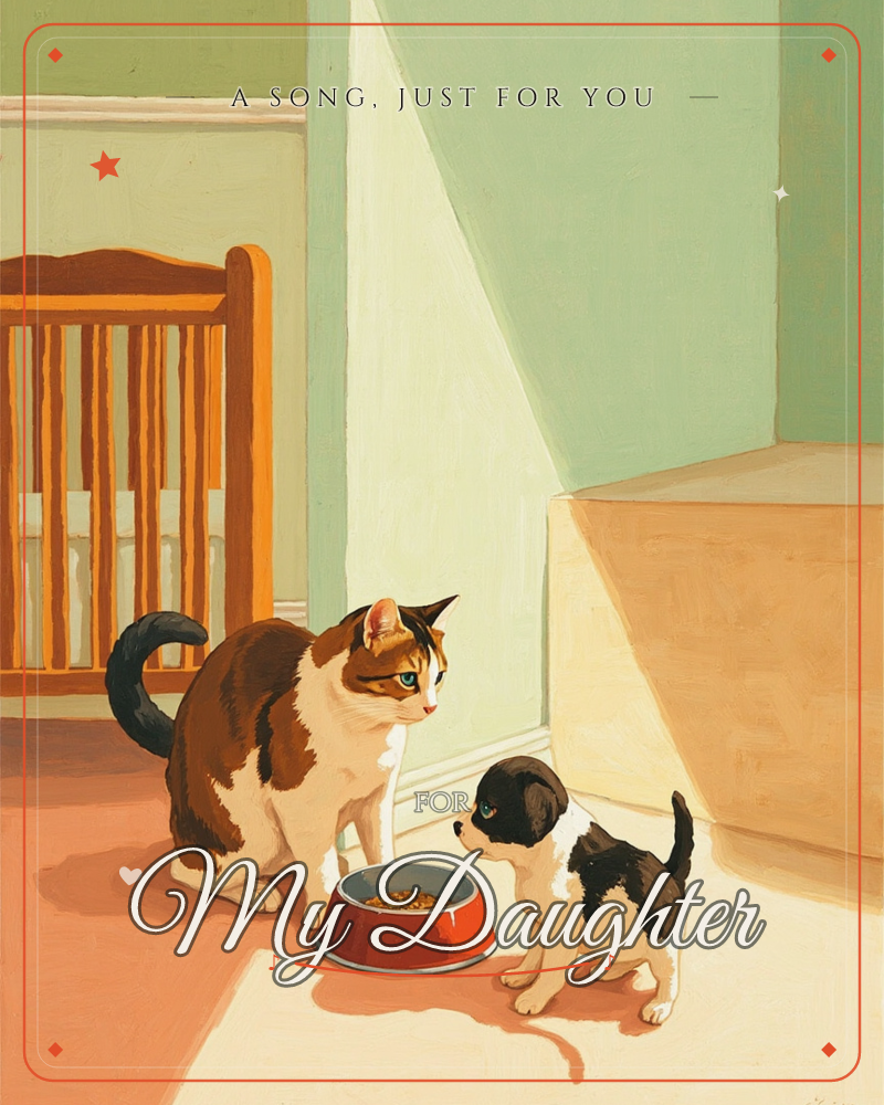 A calico cat sits guarding a red bowl of kibble beside a wooden crib, eyeing a small black-and-white puppy that has wandered over to investigate, a just because e-card design