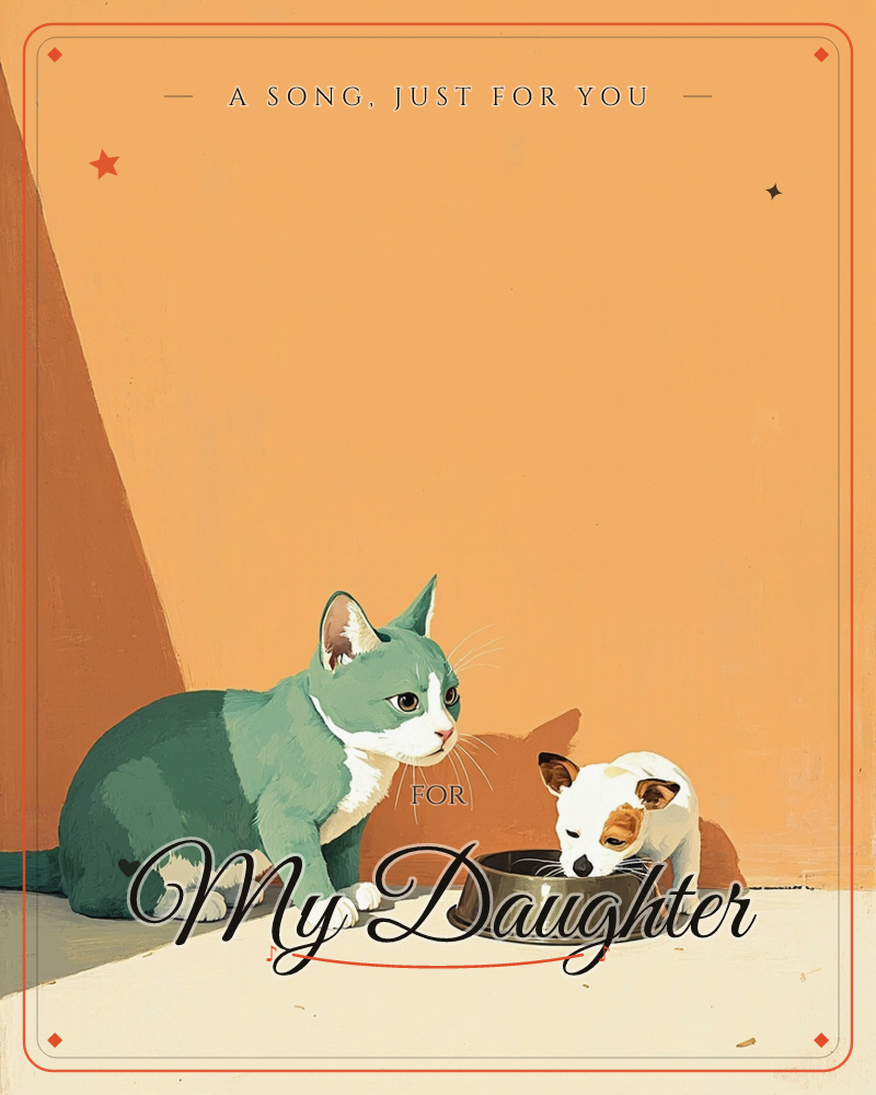A green-toned cat sits watchfully beside a small white and brown puppy eating from a metal bowl, both cast against a warm orange wall with a sharp…, a just because e-card design