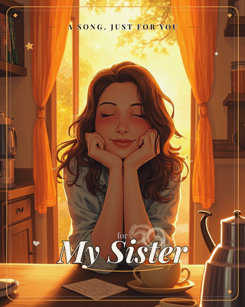 A woman with long wavy auburn hair rests her chin on her hands, elbows on a wooden table, eyes closed, smiling softly, a just because e-card design