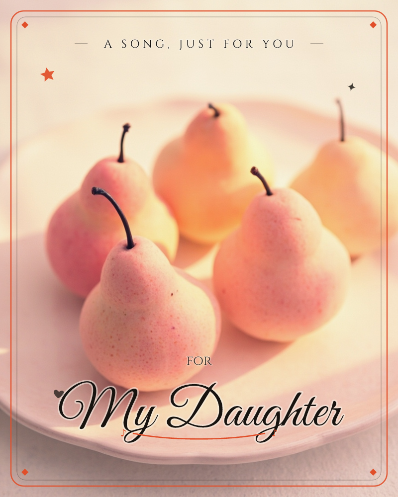 A pale pink plate holds five small pears, their skins blushed with rose and gold where the light catches them, a just because e-card design