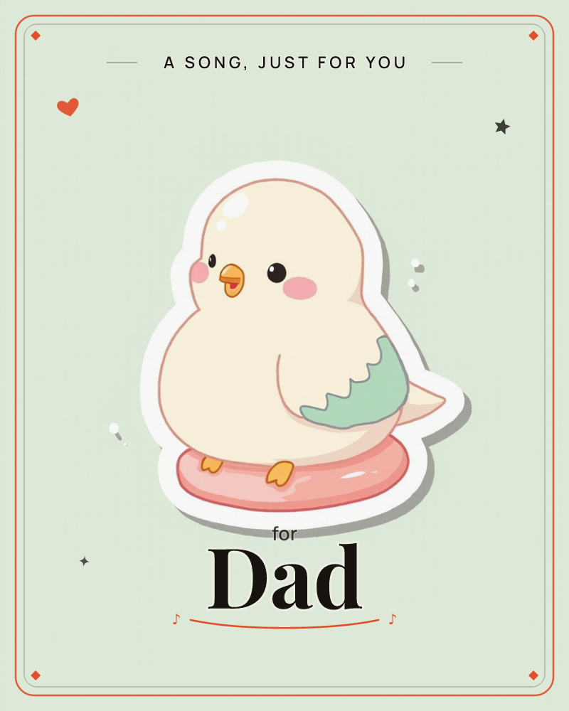A round, plump little bird sticker sits front and center, cream-feathered with a soft mint-green wing and rosy blushed cheeks, perched on a pink…, a just because e-card design