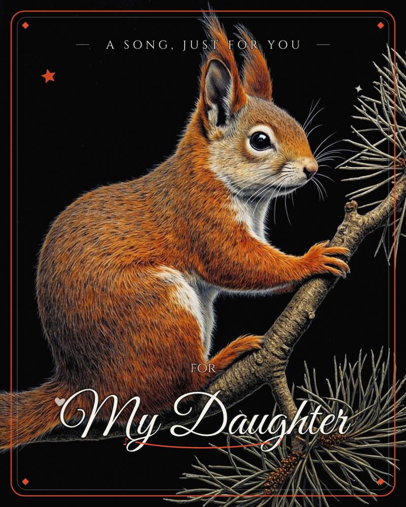 A red squirrel perches on a rough pine branch against pure black, its tufted ears and bushy tail catching sharp highlights while fine pine needles…, a just because e-card design