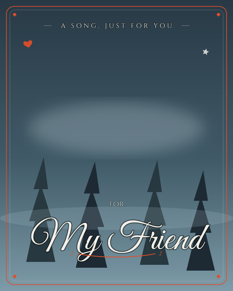 A row of four dark evergreen silhouettes stands beneath a hazy oval glow, as if a soft moon or spotlight hovers low in a deep teal-blue night, a just because e-card design by @DittyCityTeam