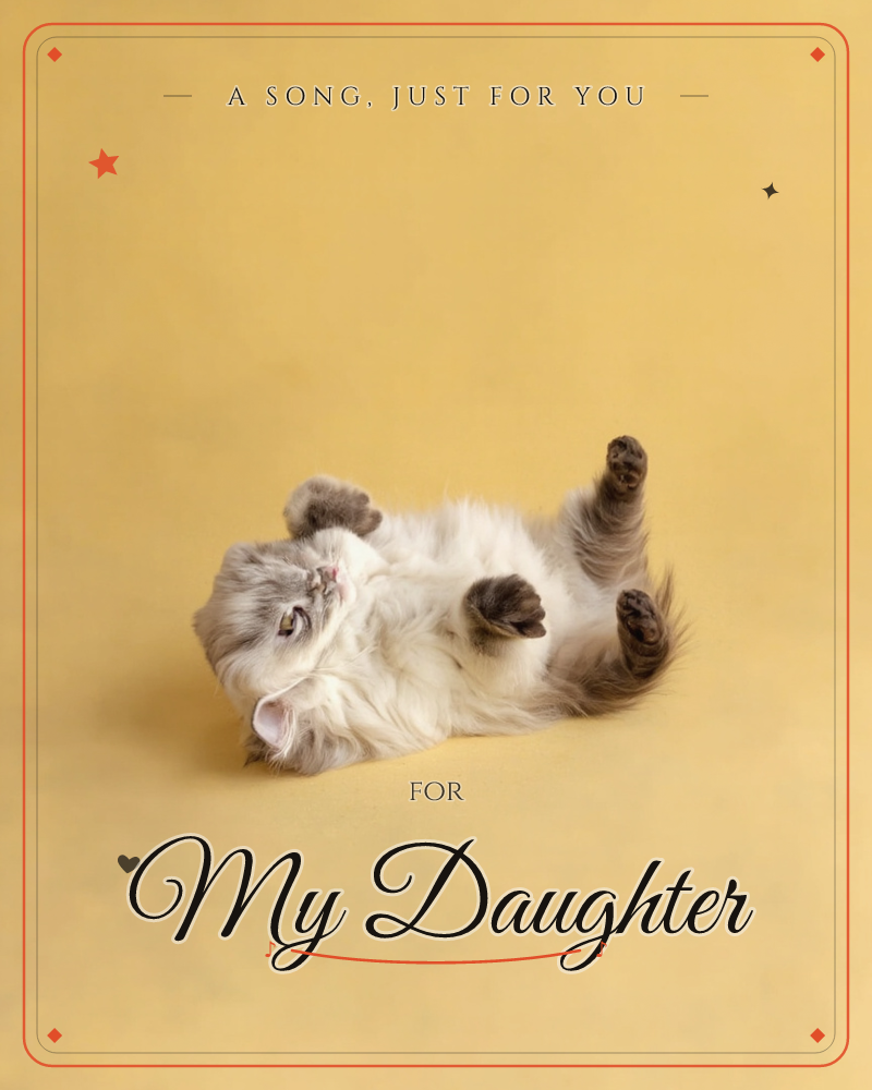 A fluffy grey-and-white kitten is caught mid-roll against a warm mustard-yellow backdrop, paws splayed in the air and mouth open in a playful mew, a just because e-card design