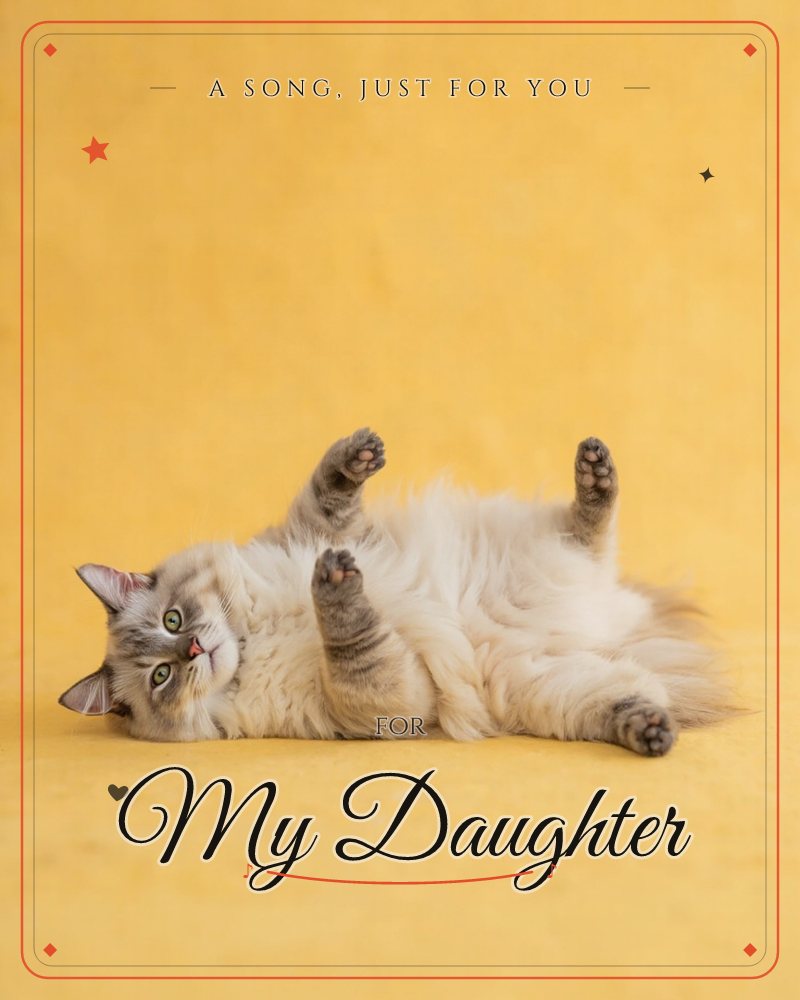 A fluffy cream and grey cat sprawls on its back against a warm golden-yellow backdrop, all four paws stretched playfully in the air, a just because e-card design