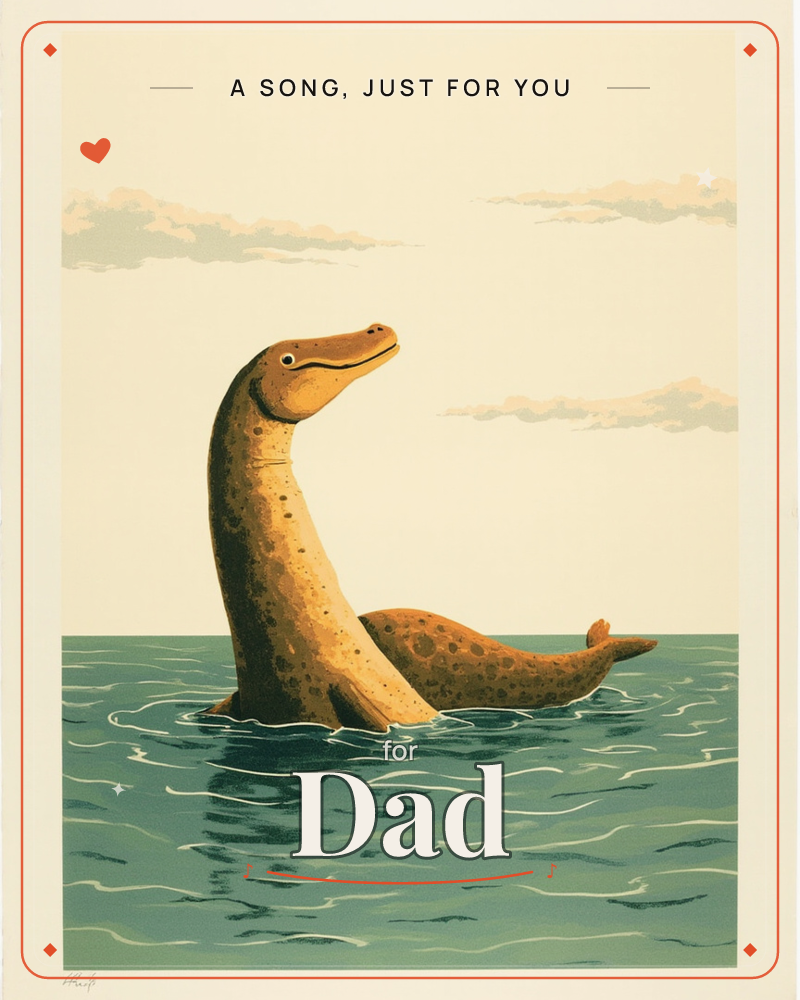 A long-necked lake monster rises calmly from teal green water, its speckled tan body curved above the surface with a small tail flicking up behind, a just because e-card design