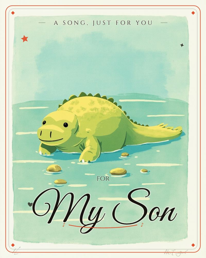 A friendly green crocodile-like creature floats low in calm blue-green water, its spiky back barely breaking the surface as smooth pebbles rest along…, a just because e-card design