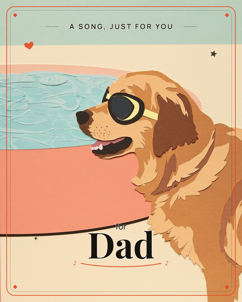 A golden retriever wearing yellow-framed goggles leans happily over the edge of a pink kiddie pool, tongue out and fur textured in layered paper cutouts, a just because e-card design