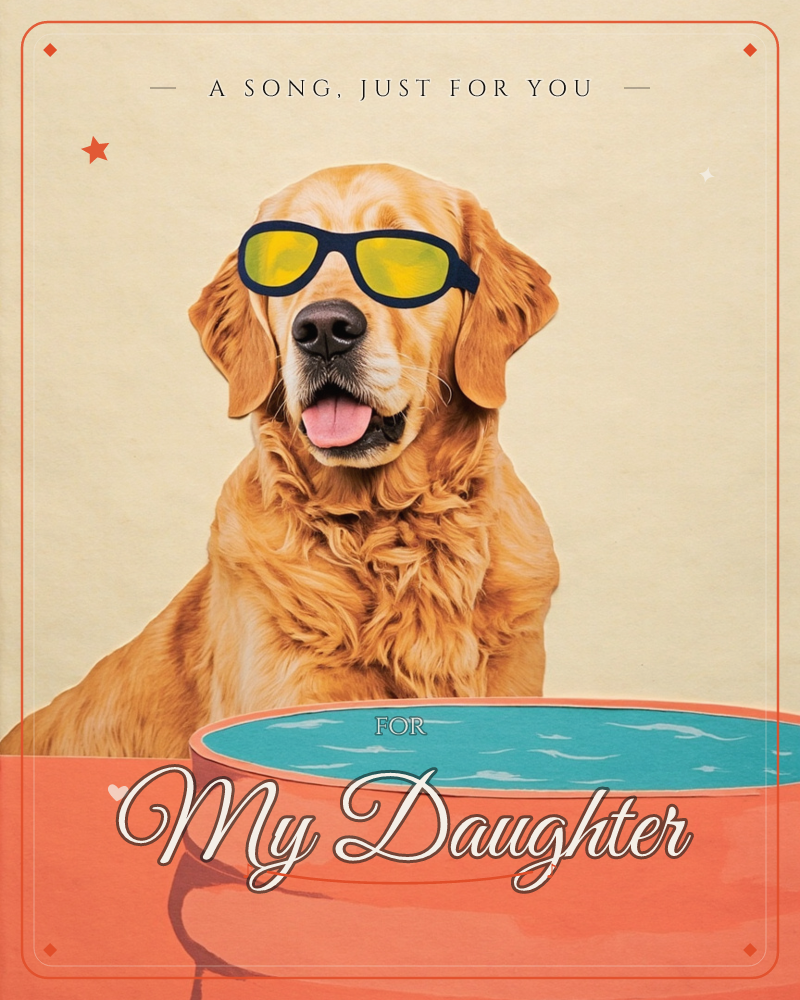 A golden retriever sits happily behind a small blue swimming pool, wearing dark sunglasses with yellow-tinted lenses and letting its tongue hang out in…, a just because e-card design