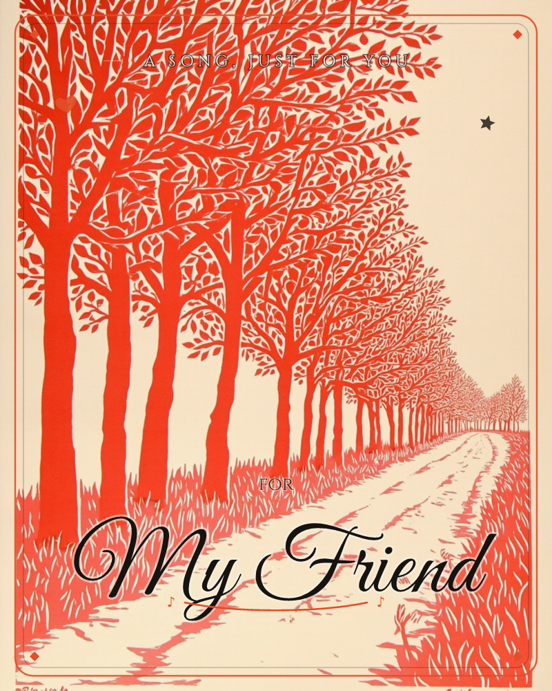 A row of tall, leafy trees lines a country road that recedes into the distance, rendered entirely in bold red-orange ink on a warm cream background, a just because e-card design