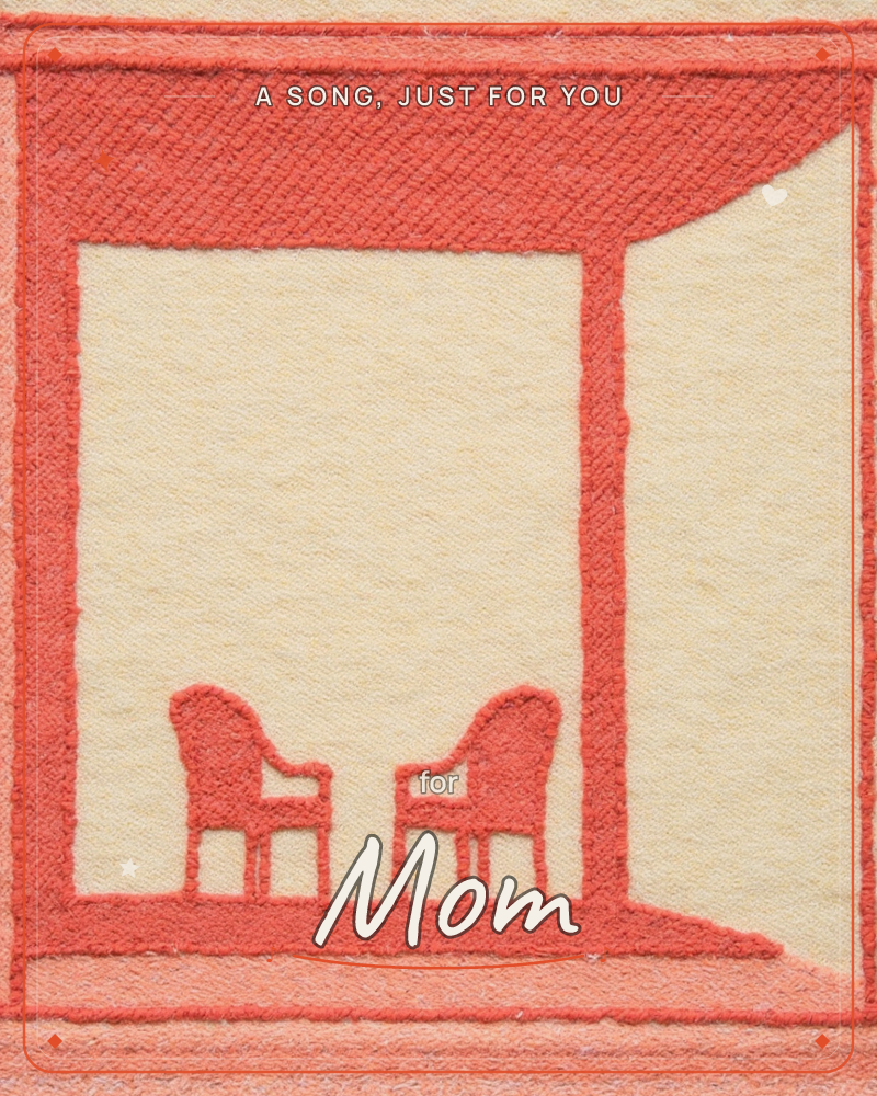 A simple line drawing of a porch or window frame in coral red thread-like strokes against a warm cream background, with two matching armchairs sitting…, a just because e-card design