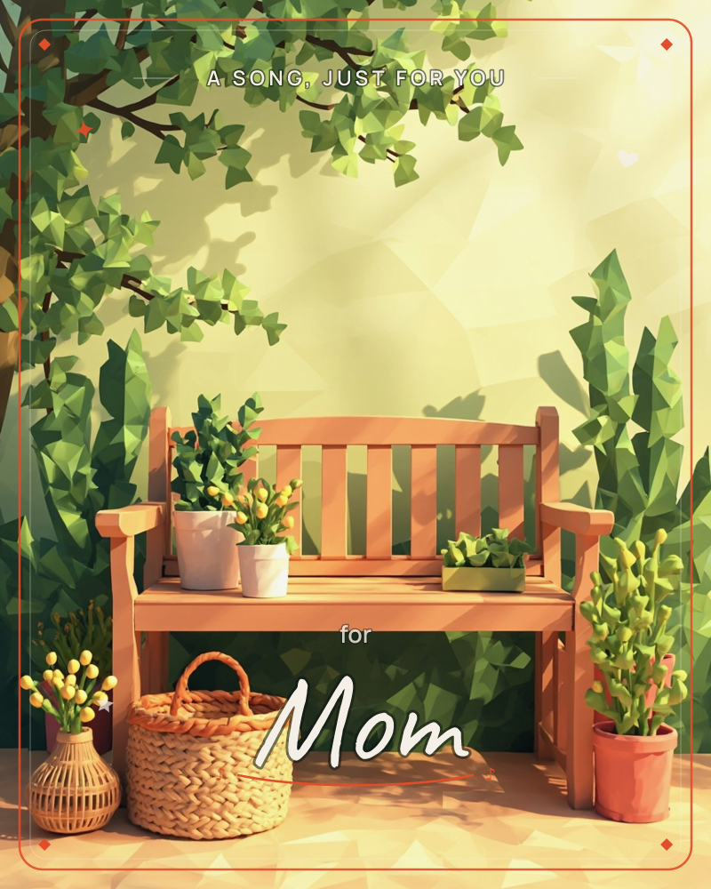 A wooden garden bench sits tucked beneath overhanging leafy branches, dappled with warm sunlight filtering through the greenery, a just because e-card design
