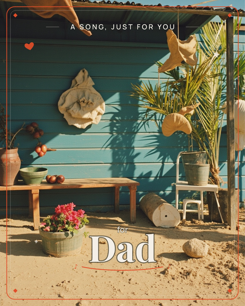 A sun-bleached teal wall under a tin roof, hung with pale canvas shapes swaying like drying laundry, and a wooden bench holding clay pots, onions, and…, a just because e-card design