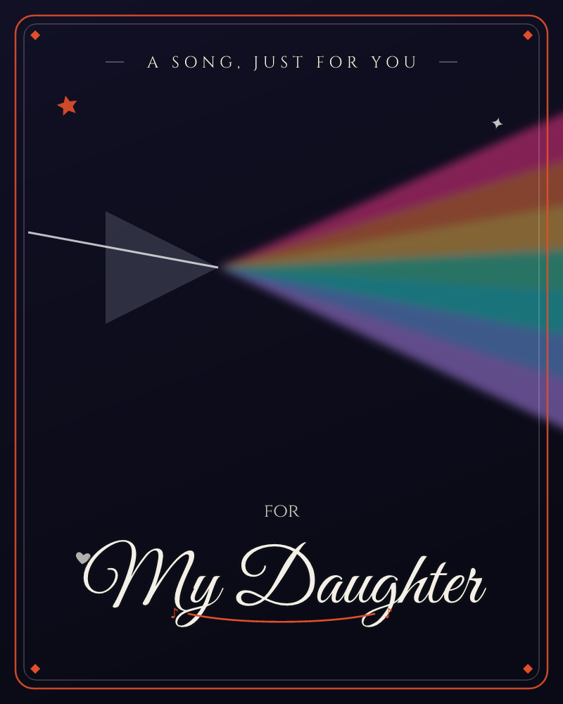 A dark, near-black background sets off a simple grey prism catching a single white beam of light, which fans out into a wide spectrum of magenta…, a just because e-card design by @DittyCityTeam