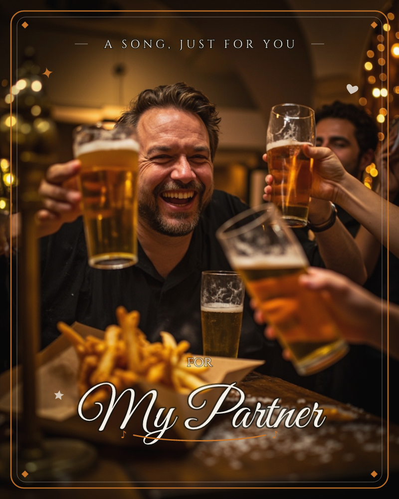 A dim, golden-lit tavern at night, raised pints glinting amber, laughter and salt-dusted fries scattered across the worn wooden bar, warm bokeh lights…, a just because e-card design