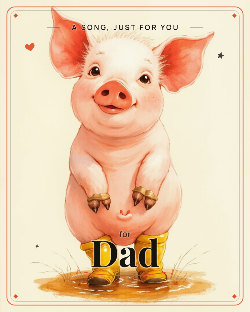 A pink piglet with big ears and a happy round face stands upright wearing bright yellow rubber boots, planted in a small muddy puddle, a just because e-card design
