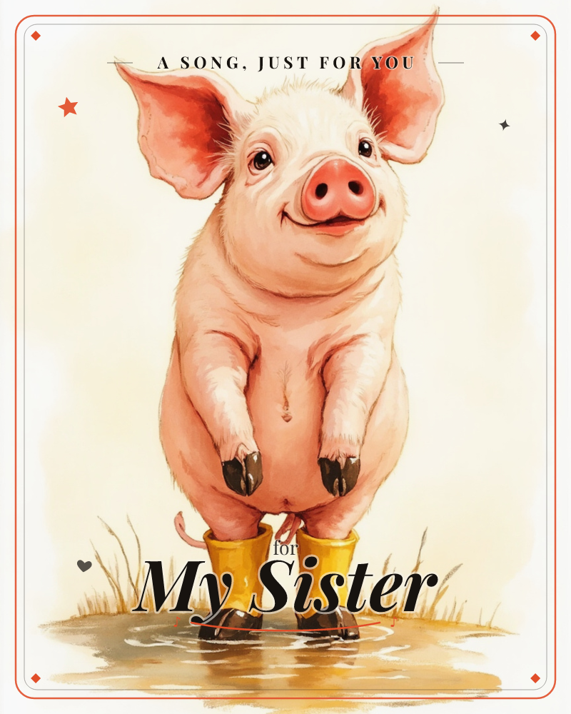 A pink pig stands upright wearing yellow rubber boots, splayed hooves resting at its sides and ears flopped wide, grinning straight at the viewer from…, a just because e-card design