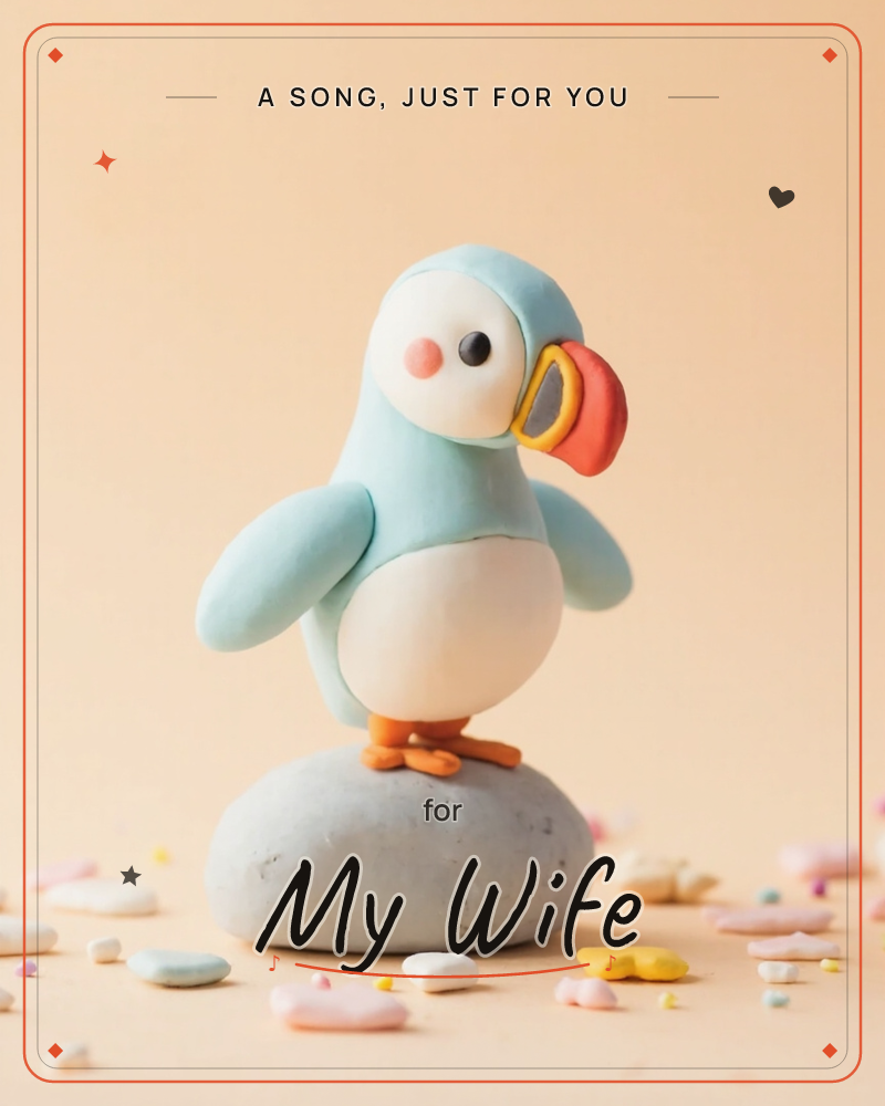 A clay-modelled puffin with a round orange beak and blushing cheeks stands perched on a smooth grey pebble against a soft peach backdrop, a just because e-card design