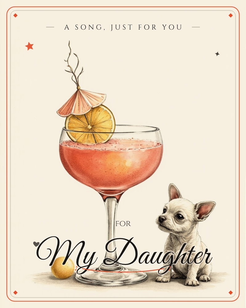 A pale chihuahua puppy sits gazing up at an oversized pink cocktail garnished with a citrus slice, a tiny paper umbrella, and a twig sprig, a just because e-card design