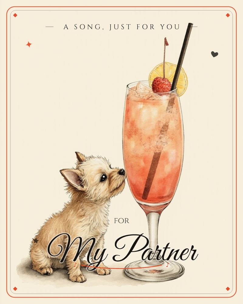 A small scruffy terrier puppy sits gazing up curiously at a tall flute glass filled with a peach-pink cocktail, garnished with a raspberry, an orange…, a just because e-card design