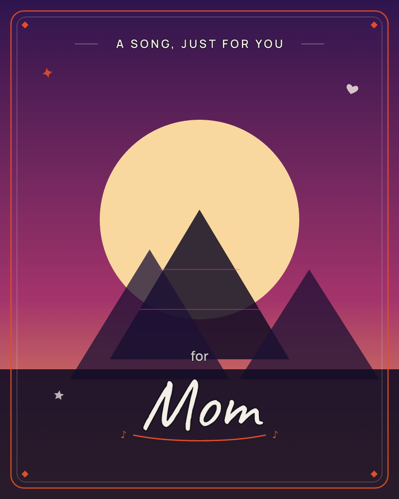 A large pale moon glows behind three dark triangular peaks, its round shape cut through by thin retro-style lines, a just because e-card design by @DittyCityTeam