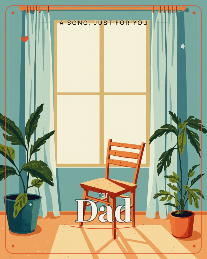 A wooden chair sits empty in front of a tall window, framed by pale curtains and two potted plants on either side, a just because e-card design