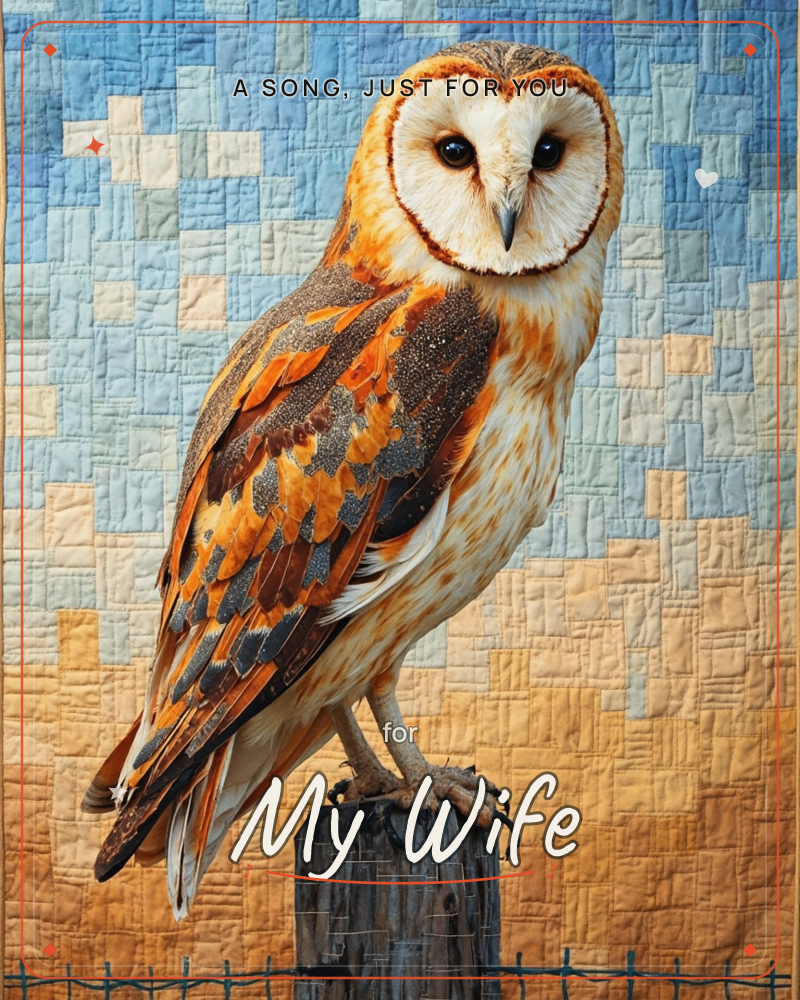 A barn owl perches on a weathered wooden post, its heart-shaped face turned to meet the viewer's gaze, feathers rendered in intricate mottled patches…, a just because e-card design