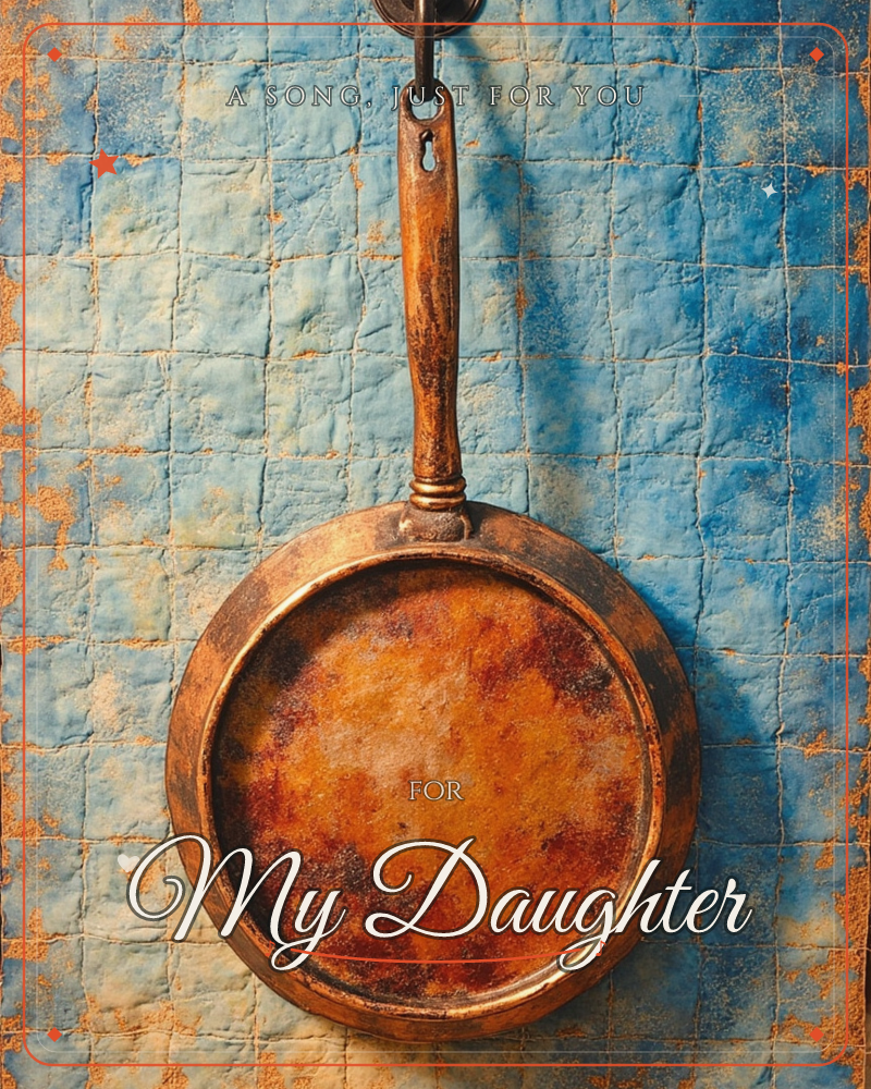 A weathered copper frying pan hangs from a hook against a rustic tiled wall, its surface mottled with warm rust, amber, and burnished bronze tones, a just because e-card design