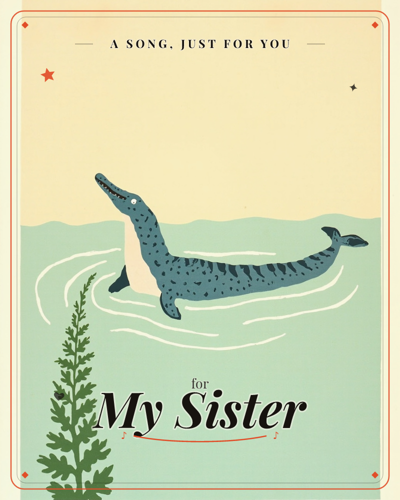A speckled blue-grey sea creature, part crocodile and part seal, rises smiling from a flat mint-green sea beneath a wide cream sky, a just because e-card design