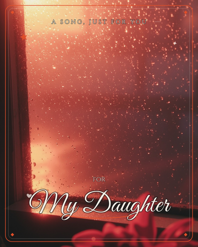 A rain-speckled windowpane glows with warm amber light as the sun sets low behind the glass, each droplet catching a tiny spark of colour, a just because e-card design