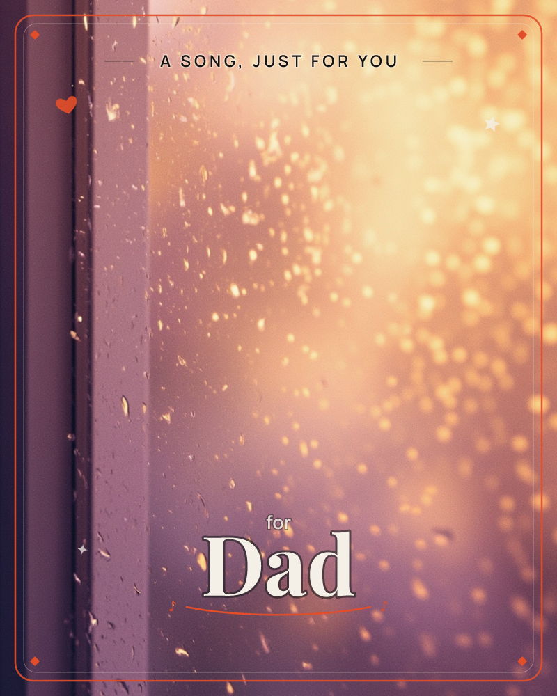A close-up view through a rain-speckled windowpane shows warm golden light diffusing into soft bokeh circles against a purple-toned dusk sky, a just because e-card design