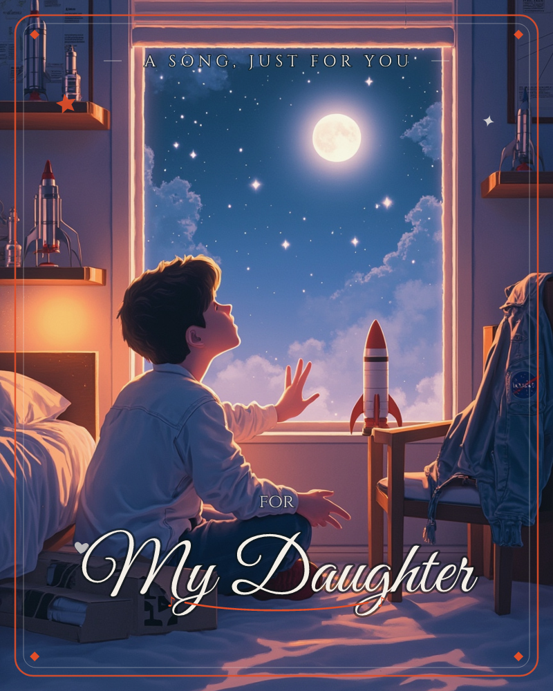 A child kneels on a bed reaching toward a large window, gazing out at a glowing full moon and starry night sky, a just because e-card design
