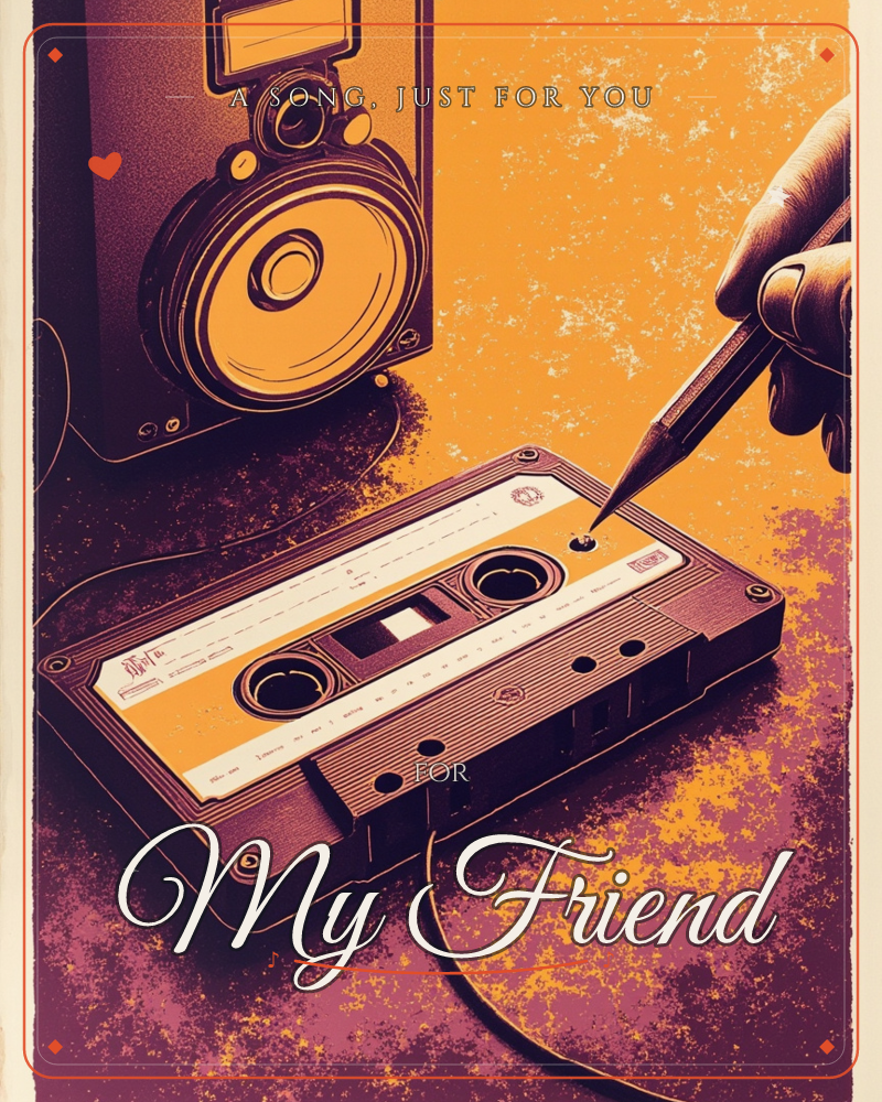 A retro cassette tape lies front and center, its reels and label rendered in gritty halftone against a bright orange backdrop, while a hand reaches in…, a just because e-card design