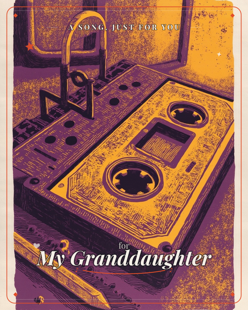 A close-up illustration of a cassette tape sitting inside its open plastic case, rendered in bold woodcut-style linework, a just because e-card design