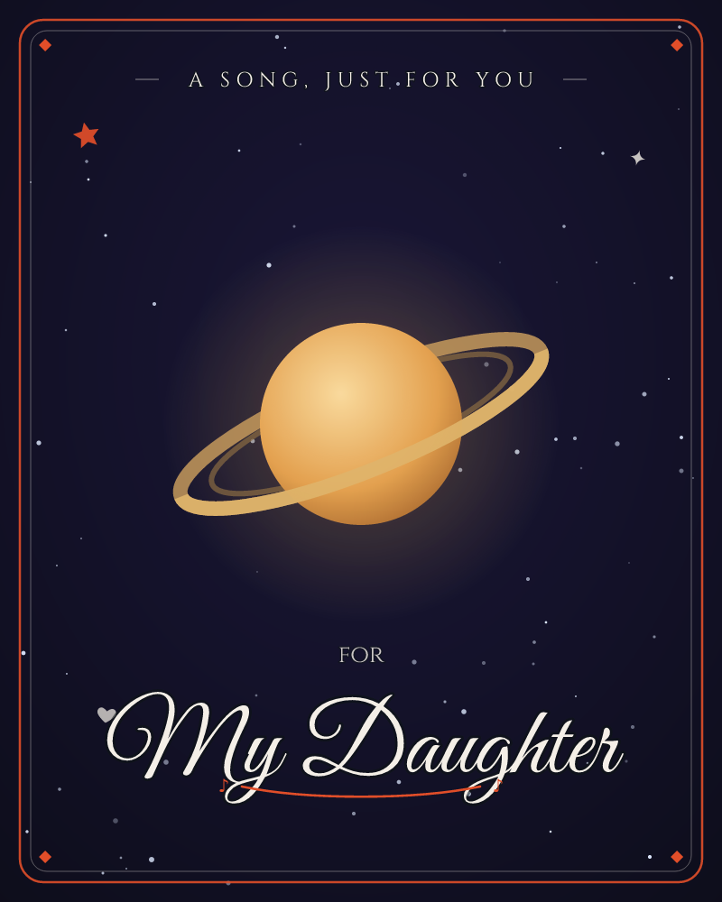 A golden-orange ringed planet glows softly against a deep indigo night sky scattered with tiny white stars, a just because e-card design by @DittyCityTeam