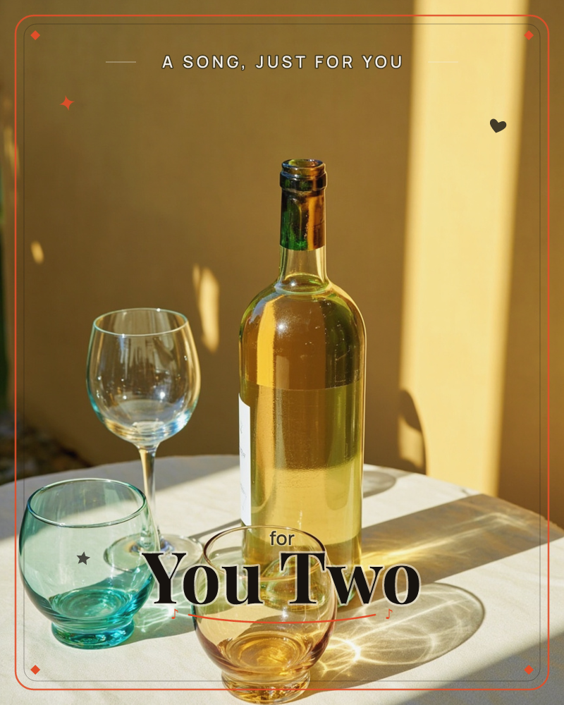 Late afternoon sun rakes across a linen-draped table, throwing long amber shadows behind a wine bottle and three empty glasses of different shapes and…, a just because e-card design