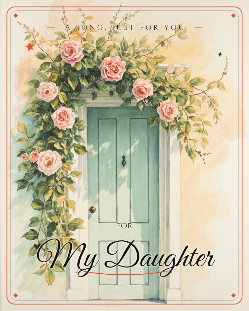 A soft green-painted door with paneled wood and a brass handle sits framed by a white lintel, over which a lush climbing rose vine spills, a just because e-card design