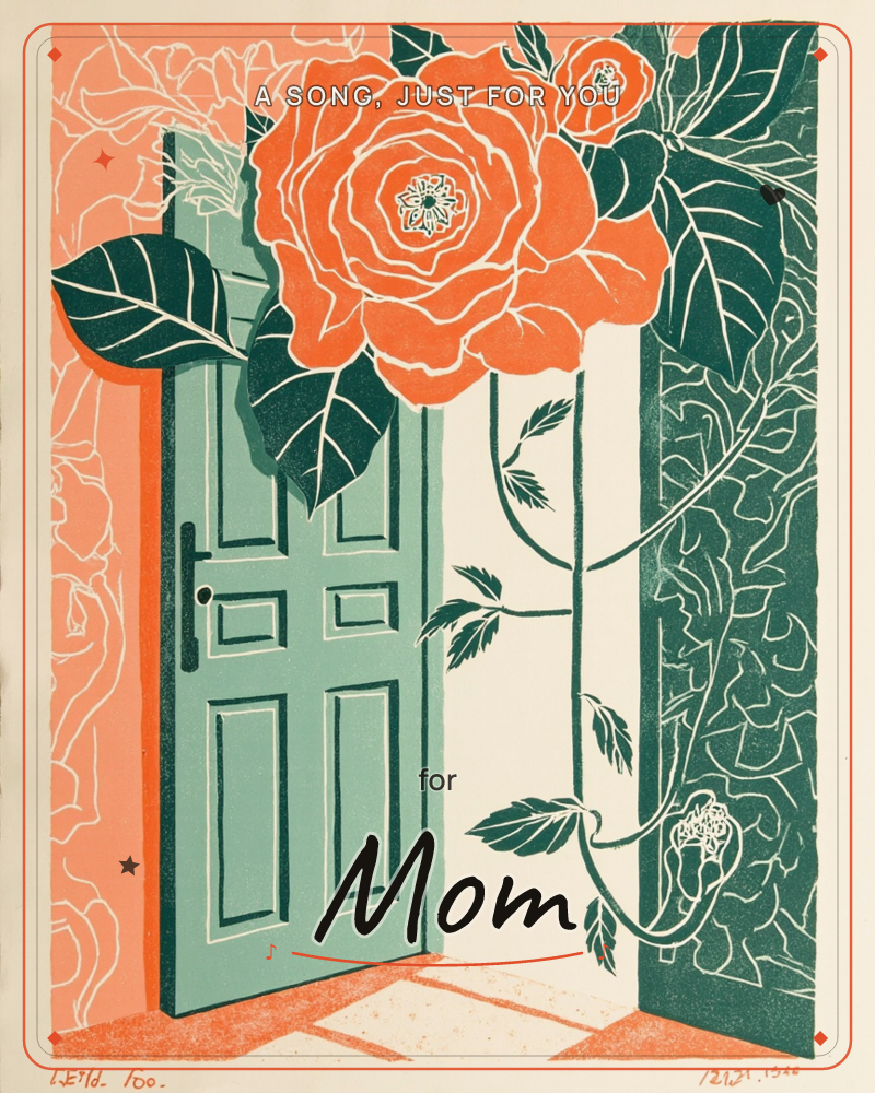 A mint-green paneled door stands ajar, framed by an oversized coral rose in full bloom with a smaller bud beside it and trailing leafy vines, a just because e-card design