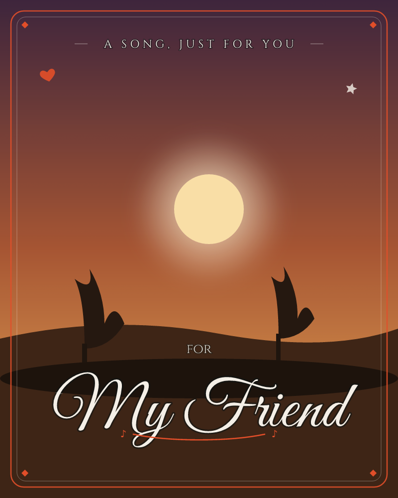 A glowing sun or moon hangs low in a deep orange-to-violet sky above rolling dark dunes, a just because e-card design by @DittyCityTeam